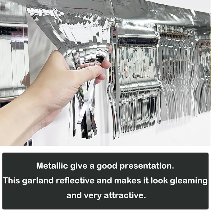 3 Pack Total 30 Silver Feet Foil Fringe Garland Metallic Wall Hanging Drapes Tassel Skirting Tinsel Streamers Decorations for Parade Float Trailer Mardi Gras Party Birthday Wedding