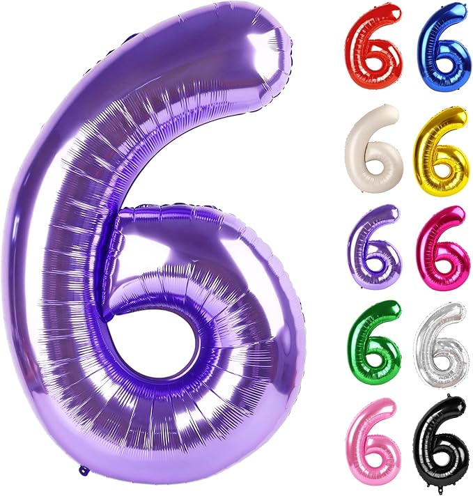 Purple Number 6 Balloon 40 Inch, 6 Balloon Number, 6th Birthday Decorations, Purple Party Supplies for Boys Girls