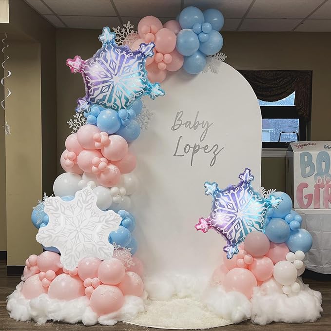 163pcs Little Snowflake Balloon Arch Kit - Metallic Pink Blue White Latex Balloons with Snowflake Foil Balloons for Winter Wonderland Party, Gender Reveal, Baby Shower, 1st Birthday Decorations