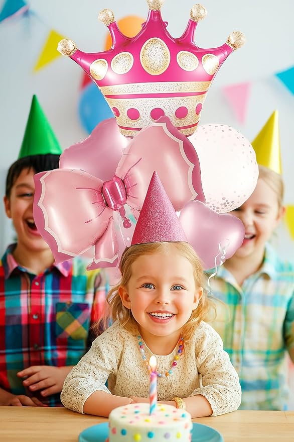 Princess Crown and Hearts Foil Balloon Bouquet, Pink, 5-Piece Party Decoration Set