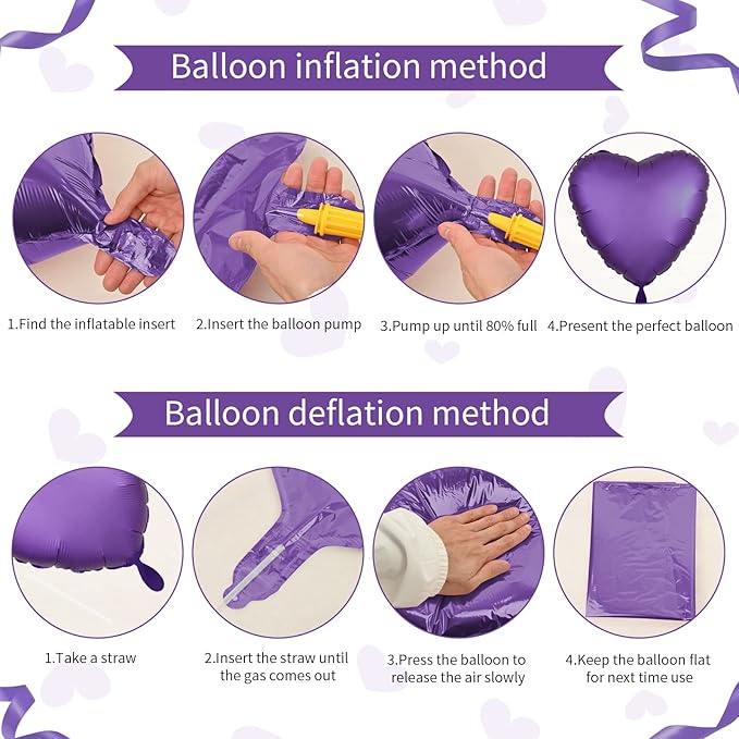 Purple Heart Balloon, 10PCS Purple Foil Heart Balloons, 18inch Metallic Purple Heart Shape Foil Balloons for Helium Birthday Party Decorations for Brithday Party, Valentines Day, Wedding, Anniversary