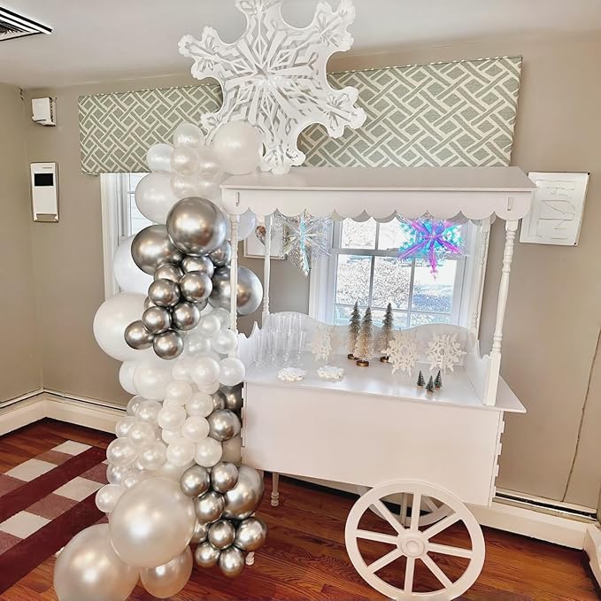 Pearl White Winter Wonderland Balloons, 12 Inch Pearl Sand White and Metallic Silver Snowflakes Balloons for Ice Snow Wonderland Wedding Baby Shower Birthday Christmas New Year’s Party Decorations