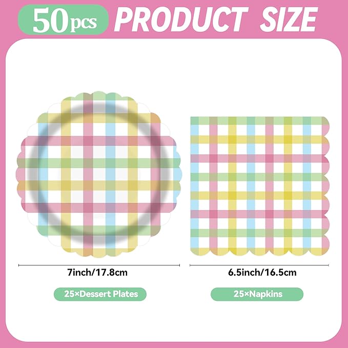50PCS Easter Gingham Party Supplies - 7Inch Colorful Buffalo Plaid Scalloped Paper Plates and Napkins Set Disposable Dinner Cutlery for Easter Baby Shower Birthday Party, Serve 25