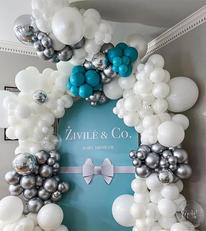 Teal Blue Silver White Balloons Garland Arch Kit, 141Pcs Latex Balloons Different Sizes 18 12 10 5 Inch for Birthday Party Graduation Baby Shower Wedding Holiday Balloon Decoration