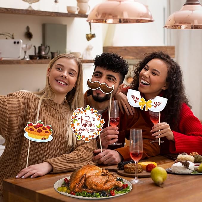30 pcs Thanksgiving Photo Booth Props Funny Turkey Day Kits DIY Selfie Props with Stick for Fall Thanksgiving Day Party Decoration Favors