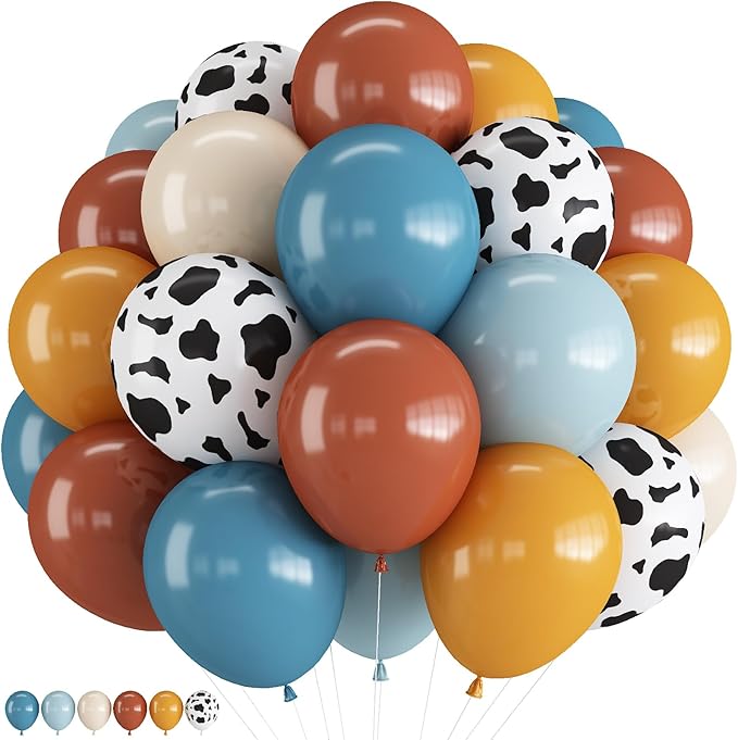 Cow Print Balloons, 12 Inch Dusty Slate Blue Brown Yellow Sand White Latex Party Balloon Western Cowboy Balloons for Boys First Rodeo Baby Shower Farm Country Wild West Birthday Party Decorations