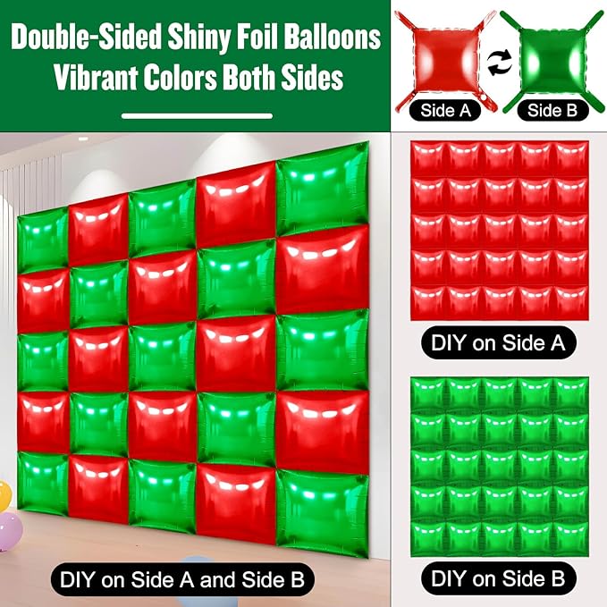 25Pcs Red and Green Square Foil Balloons Wall Backdrop, Double Sided Metallic Foil Balloons Tunnel Arch Garland Kit for Photo Booth Birthday Wedding Graduation Halloween Party Decorations