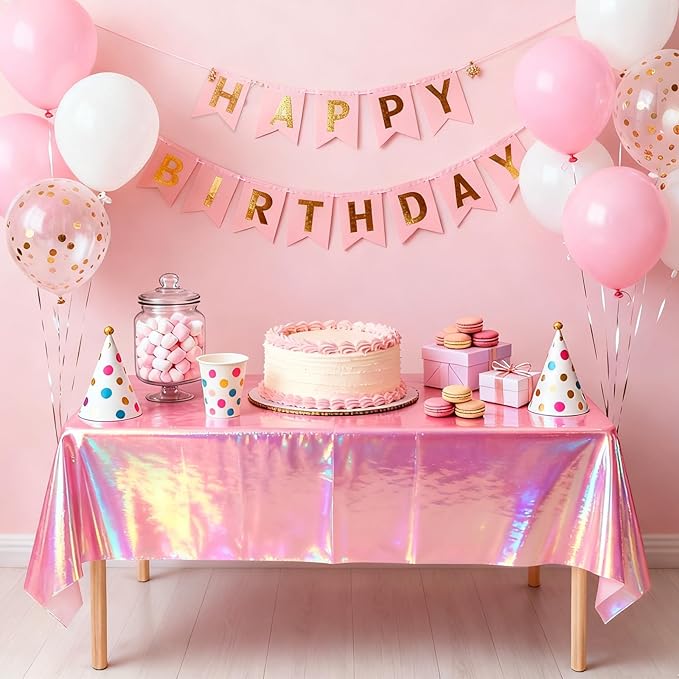 3-Pack Pink Iridescent Tablecloths, Holographic Glittering Foil Disposable Tablecloths, 54 inches x 108 inches, Suitable for Birthday, Wedding, and Holiday Party Decorations