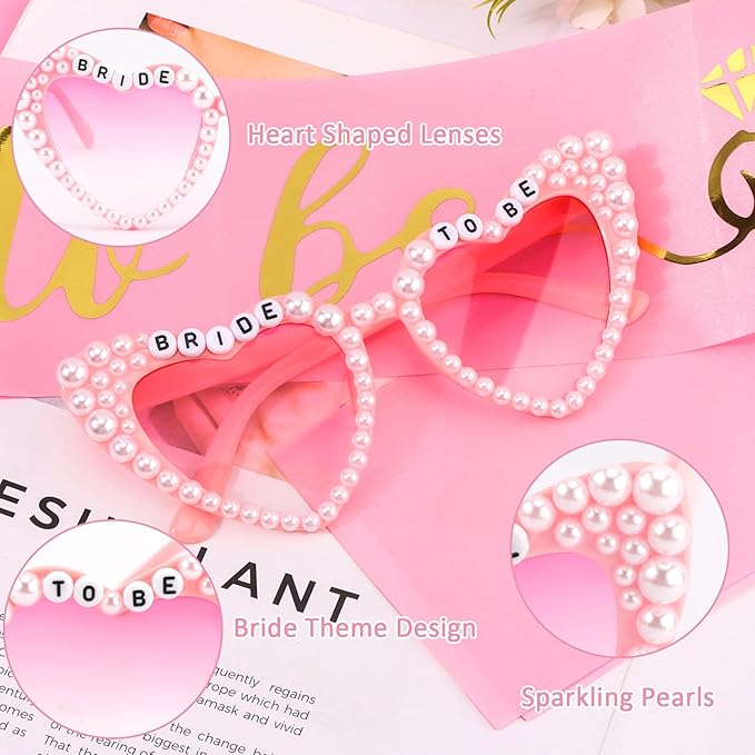 Bride to Be Set: Pearl-Trimmed Heart Sunglasses, Pearl BRIDE Sash & Tulle Veil - Bachelorette Party Bridal Accessories