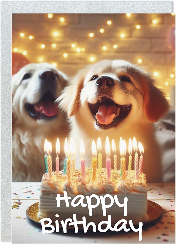 Gooji 5x7 Dogs Birthday Card, Funny Humorous Cute Card for Wife Husband Teenage Young Boy Girl Men Women Adult, Golden (Candles)