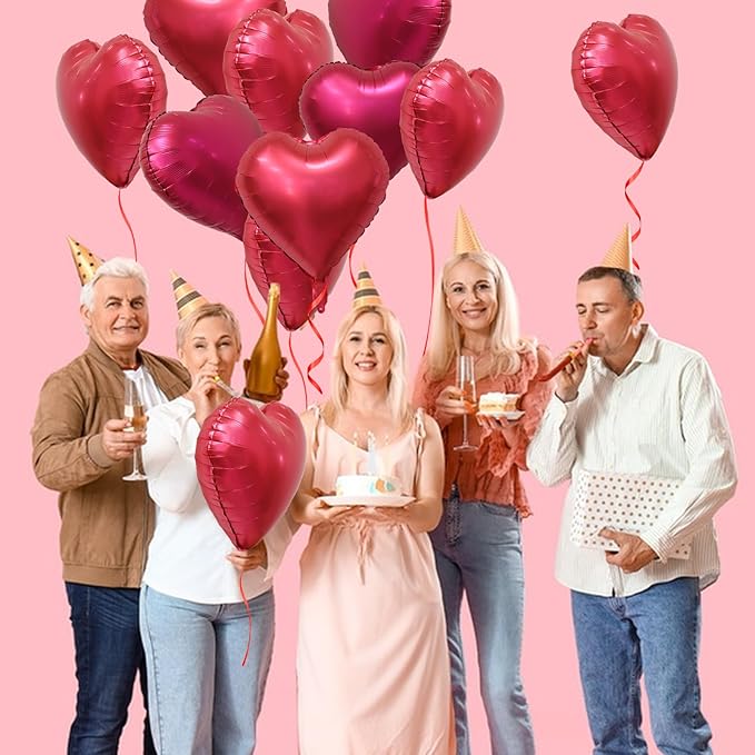 Red Heart Metallic Balloons, 20Pcs 18 Inch Hot Pink Foil Heart Balloons, Love Balloon for Valentines Day Decorations Galentines Balloon for Birthday Wedding Anniversary Party
