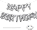 Silver Happy Birthday Banner - 16 Inch Mylar Foil Letters Balloons with Ribbon, Self Inflating Bunting Balloons Banner for Women Men Birthday Party Decorations