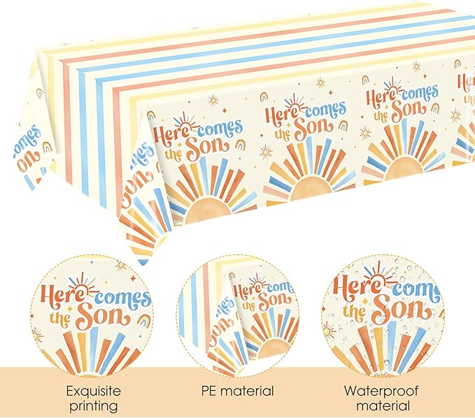 3Pcs Here Comes The Son Baby Shower Decorations Tablecloths Plastic Sunshine Table Covers Disposable Boho Sun Party Table Cloth for Boy,Here Comes The Son Baby Shower Decorations (Sunshine)