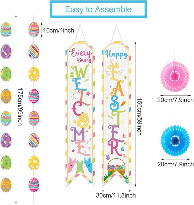 YEIRFYY Easter Decorations Set Happy Easter Banner Colorful Egg Garland Bunny Hanging Swirl Decorations Welcome Porch Banner Spring Paper Fan for Home School Fireplace Ceiling Party Decorations