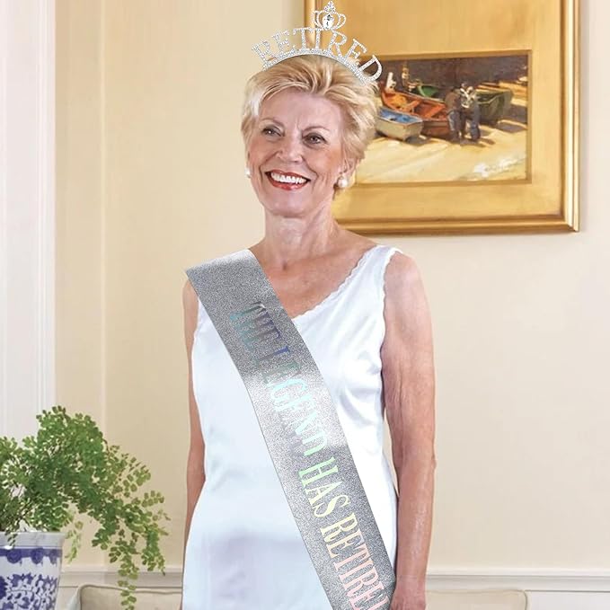 Retirement Gift for Woman - Silver Sash and Crown Headband Party Decorations - The Legend Has Retired - Elegant Cute Rhinestone Headband