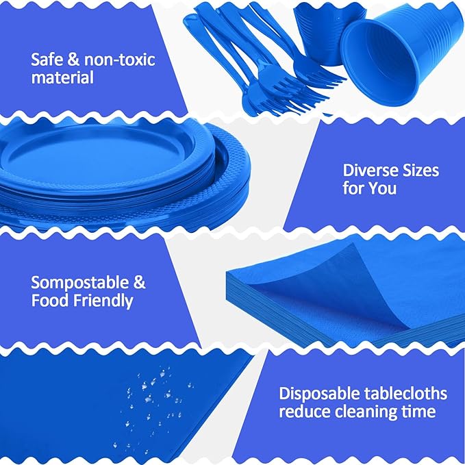Blue Plastic Plates for Party,100 Guest Disposable Plastic Plate Set 9" Plates,7" Dessert Plates,Napkins,Cups,Forks & Tablecloth for Birthday,Graduation,Picnic,Summer Activities
