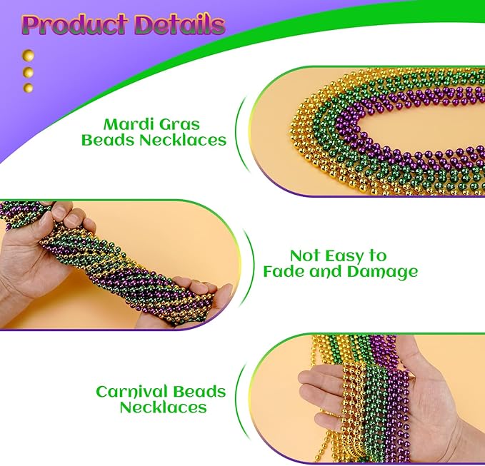 SHAOQINLIN 144 PCS Mardi Gras Beads Necklaces, 33'' Metallic Gold Green Purple Bead Necklace Mardi Gras Accessories Throw Beads in Bulk for Mardi Gras, Christmas, Party Favors