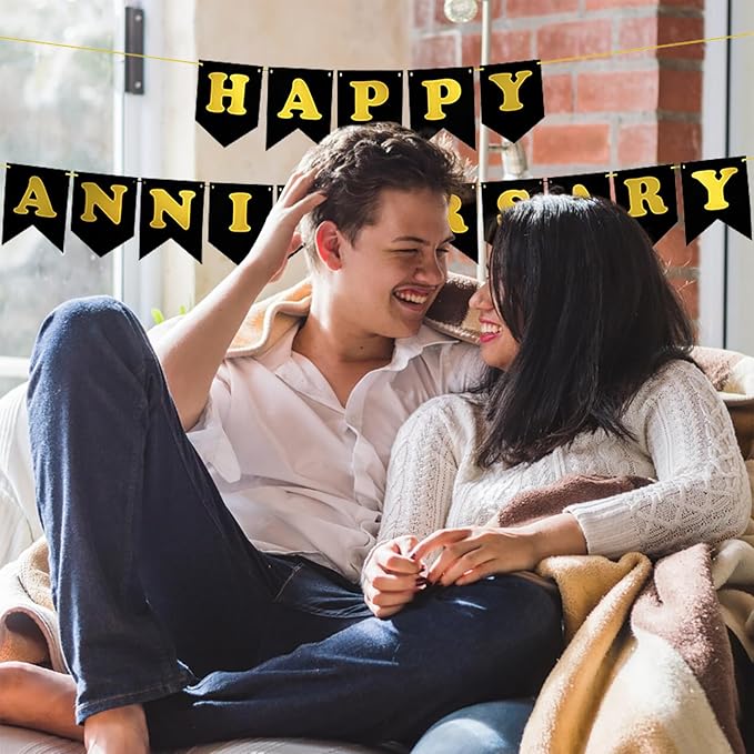 Happy Anniversary Banner Black Banner Wedding Anniversary Happy Birthday Party Decoration Supplies for Anniversaries, Baby Showers