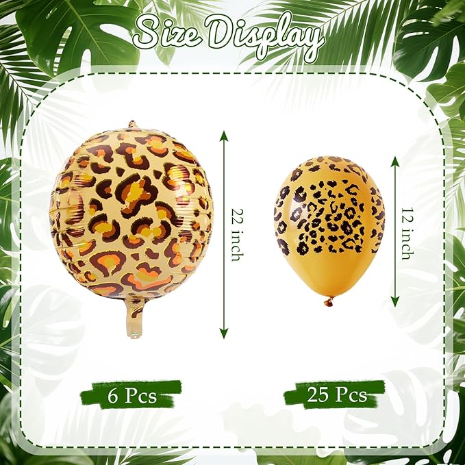 31PCS Cheetah Balloons Set with 6 Pcs 22 Inch Cheetah Print Aluminum Foil Balloons & 25 Pcs Leopard Spots Latex Balloon for Wildlife Animal Zoo Jungle Safari Themed Birthday Party Decoration