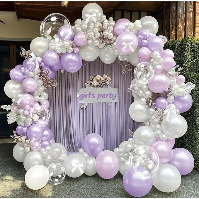 Purple White Balloon Garland Double Stuffed Pearl Pastel White Light Purple Lavender Lilac Balloons with Bow Clear Balloon Arch Kit for Wedding Bridal Baby Shower Birthday Butterfly Fairy Decor