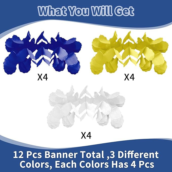 Blue Yellow Graduation Decorations 2026 - Blue White Streamers Garland Birthday Party Decor, 4-Leaf Clover Backdrop Paper Banners Streamer for Men Boy Fathers Day Party Decoration Supplies Garsellen