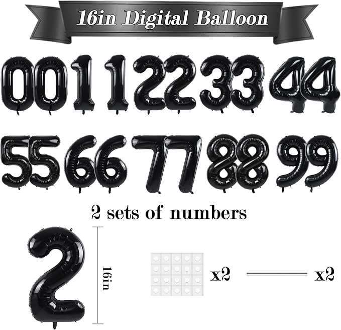 TONIFUL Number Balloons 16 Inch Black 2 Set 0-9 Number Mylar Foil Balloons 20 Pcs Custom digitalal for 2026 New Year Eve Birthday Party Engagement Graduations Anniversary Baby Shower Decor