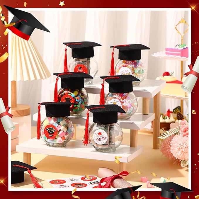 20 Sets Glass Graduation Cap Candy Jars Class of 2026 Graduation Party Decorations Candy Boxes Containers with Sticker for 2026 Grad Ceremony Party Supplies DIY(Red and Gold)