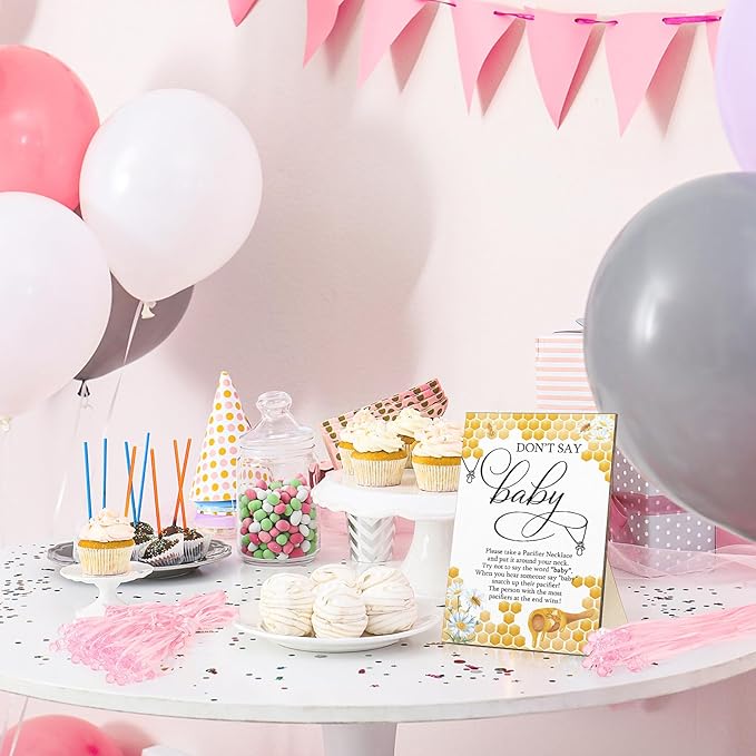Geetery 51 Pcs Don't Say Baby Game Sign Cool Baby Shower Game 50 Pacifier Necklace Wooden Don't Say Sign Plastic Pacifier Party Favor for Gender Reveal(Bee,Pink)