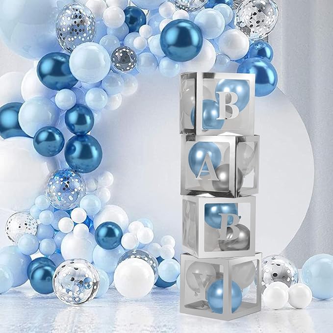Baby Boxes with Letters - 4 Transparent Balloon Boxes for Baby Shower, Gender Reveal, Birthday & Wedding Decorations (Silver)