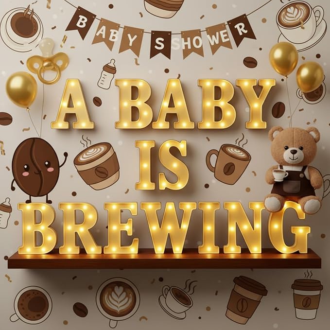Honoson 14 Pcs a Baby Is Brewing Baby Shower Party Decorations, LED Letter Lights Sign, Table Decor for Gender Reveal, Welcome Boy or Girl, Diaper Party Supplies