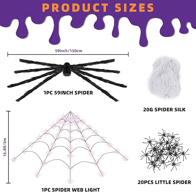 Halloween Decorations Outdoor and Indoor,250 LED Halloween Spider Web Light Decorations with 59" Giant Spider & 20g Stretch Cobweb,200" Large Light Up Spider Web for Yard(Purple)