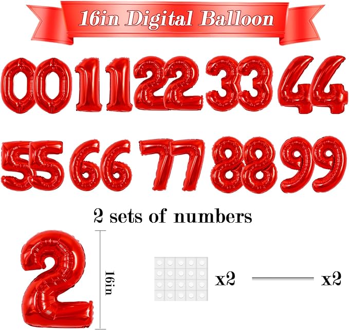 TONIFUL Number Balloons 16 Inch Fat Red 2 Set 0-9 Number Mylar Foil Balloons 20 Pcs Custom digitalal for 2026 New Year Eve Birthday Party Engagement Graduations Anniversary Baby Shower Decor