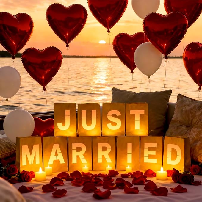 Just Married Light Up Letters, Include Light up Letters, with Tea Lights Candles, Latex Balloons, Aluminum Balloons and Rose Petals, Luminary Paper Bags for Just Married Banner and Decorations