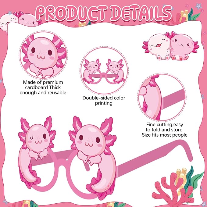 Pajean 36 Pcs Axolotl Party Decorations Eyeglasses Pink Axolotl Themed Paper Glasses Decor Salamander Photo Booth Props Frame for Birthday Pink Baby Shower Salamander Party Decoration Gift