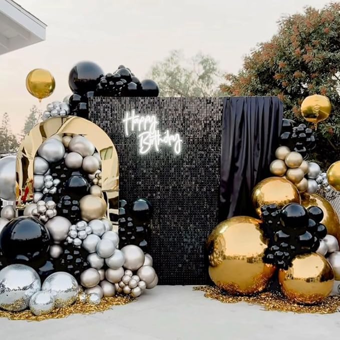 12Pcs Black and Gold Round Balloons Foil, 22" 18" 15" 10" 4D Round Ball Balloon, Giant Gold Black Silver Metallic Balloons for Graduation Wedding New Year Eve Prom Birthday Decorations Supplies