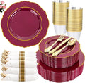 Liacere 350PCS Red Plastic Plates-Disposable Burgundy Red and Gold Plates 50guest Baroque Plastic Dinnerware include 100Plates, 50Pack Pre Rolled Napkins with Silverware 50Cups for Christmas