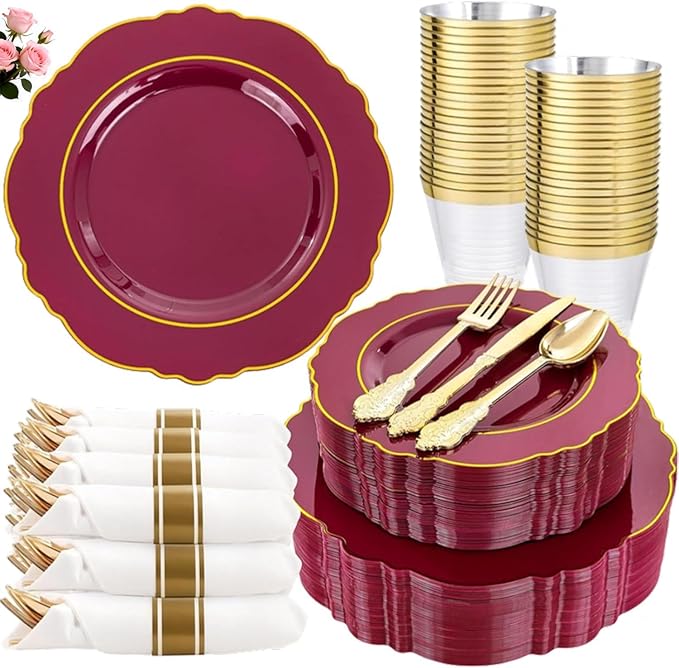 Liacere 350PCS Red Plastic Plates-Disposable Burgundy Red and Gold Plates 50guest Baroque Plastic Dinnerware include 100Plates, 50Pack Pre Rolled Napkins with Silverware 50Cups for Christmas