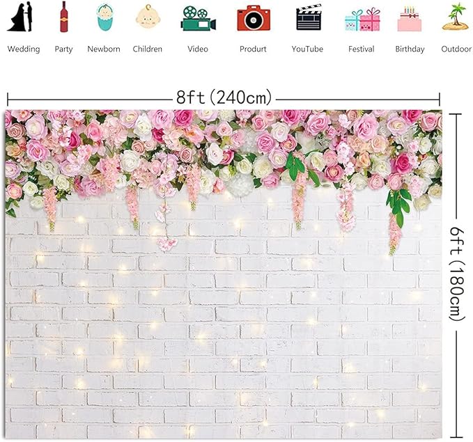 Flower Wall Backdrop Glitter White Brick Wall Mother's Day Flowers Photography Background Mother's Day Wedding Bridal Baby Shower Birthday Party Spring Theme Decor Photo Booth Props (8x6FT)