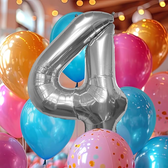 40 Inch Large Silver Number Celebration and Decoration Balloon for Birthday Parties, Graduations, Anniversaries, Weddings, Photo Shoots, Special Events - Helium Foil (Silver Number 4)