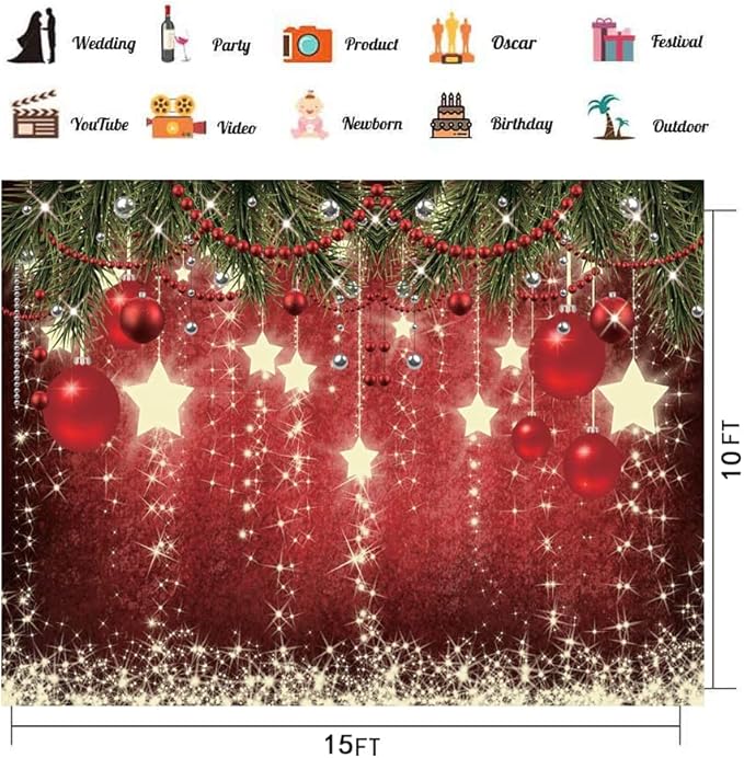 CHAIYA 15x10ft Christmas Backdrop Red Ball Xmas Merry Party Decorations for Family Holiday New Year Backdrop for Christmas Party Decoration Banner Photo Shoot