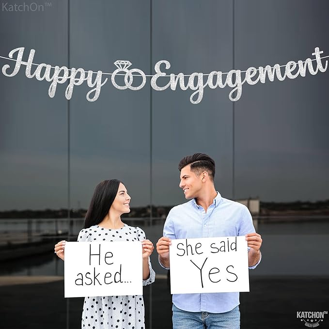 KatchOn, Glitter Silver Happy Engagement Banner - 10 Feet, No DIY | Engagement Party Decorations | engagement Party Banner | Engaged Banner, Bachelorette Party Decorations