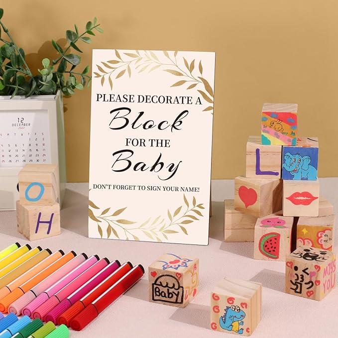 Baby Shower Games Sign Kit with 50 Blank Wooden Baby Blocks, 24 Acrylic Paint Marker and Wooden Sign, Blocks for Baby Shower Games, Gender Reveals Party(Gold)