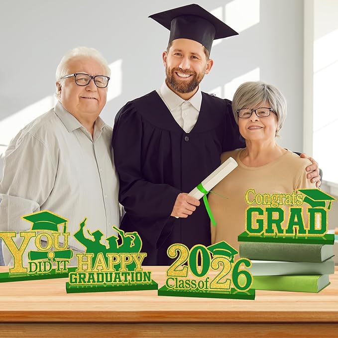 4Pcs Graduation Decorations Class of 2026 Wood Table Centerpieces Congrats Grad Wooden Sign Graduation Table Toppers Congratulate Tiered Tray Decor for 2026 Graduation Party (Green-Gold)
