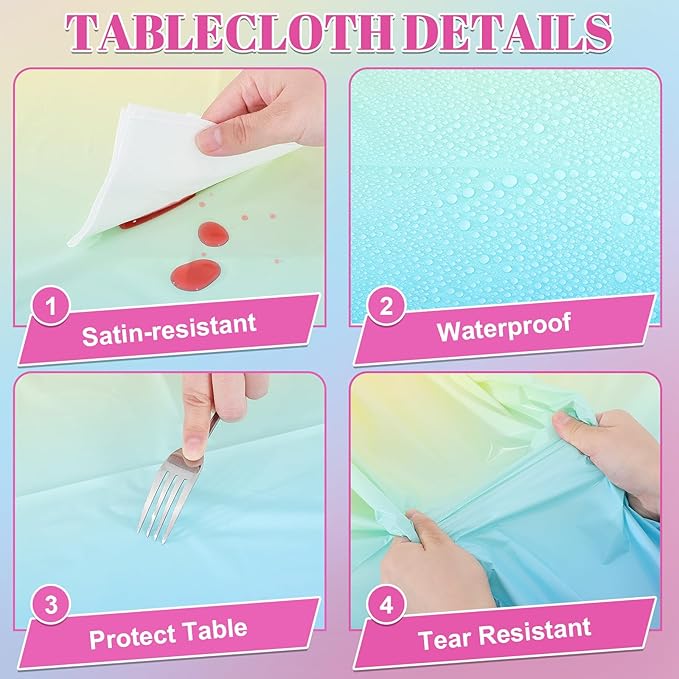 3 Pack Plastic Pastel Tablecloths, 54 x 108 Inch Disposable Easter Tablecloth Rainbow Table Cover Waterproof Rectangle Birthdays Party Table Cloth for Girl Princess Birthday Party Supplies