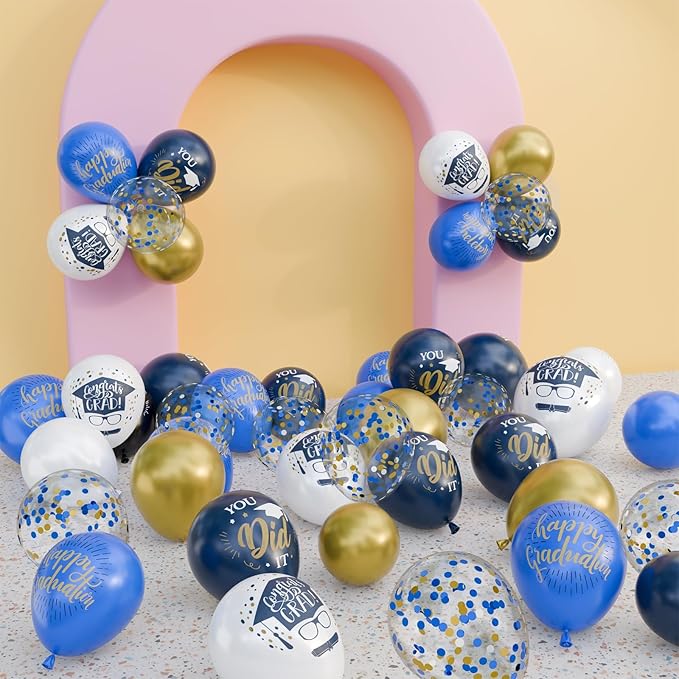 OuMuaMua 74 Pack Graduation Party Decorations Balloons Set - 12 Inch Navy Blue Metallic Gold Graduation Balloons Blue Gold White Confetti Balloons for Class of 2026 Grad Birthday Party Decor Supplies