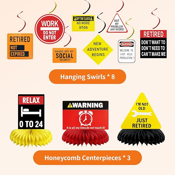 Retirement Party Decorations, Industrial Style Happy Retirement Decorations for Women & Men with Banner, Hanging Swirls and Honeycomb Centerpieces