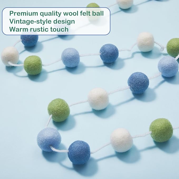 Boao 2 Pieces Wool Felt Ball Garland Colorful Pom Pom Garland Handmade 6.5 Feet Long 24 Balls Felt Banner for Wall Christmas Tree Decoration (Sage Green,Dusty Blue,White)