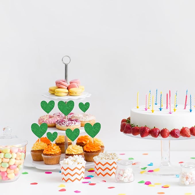 30 PCS Love Heart Cupcake Toppers Glitter Sweet Love Cupcake Picks Bridal Shower Wedding Engagement Cake Decorations for Valentine's Day Baby Shower Birthday Anniversary Party Supplies Green
