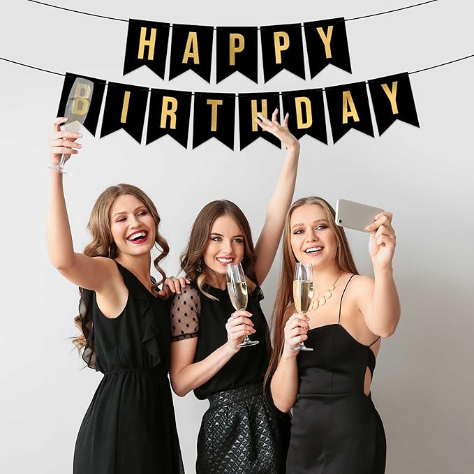 Pre-strung Happy Birthday Banner - No DIY - Black Birthday Party Banner with Gold Letters - Pre-strung on 8 ft Strands - Black Bday Party Decorations & Decor for Men & Women. Did We Mention No DIY