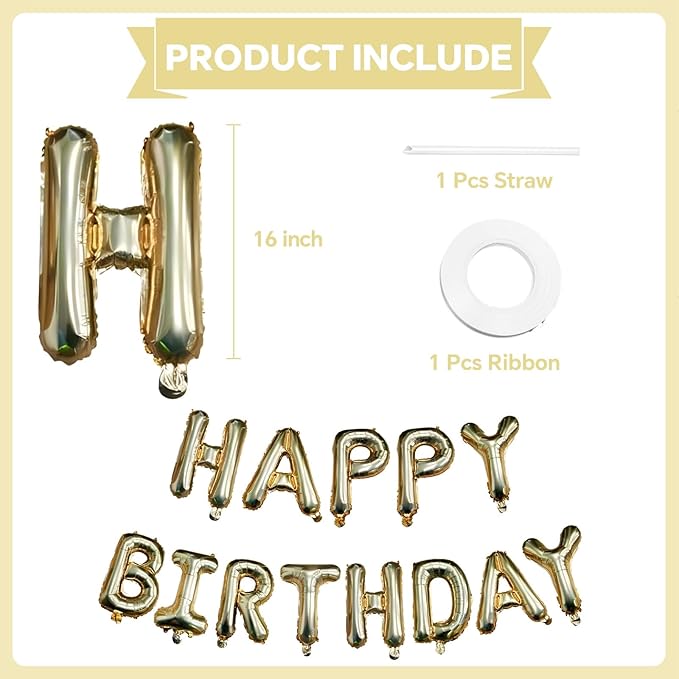 KALOR Light Gold Happy Birthday Balloons Banner, 16 Inch Mylar Foil Letters Balloon Sign for Birthday Party Decorations Photo Booth Backdrop